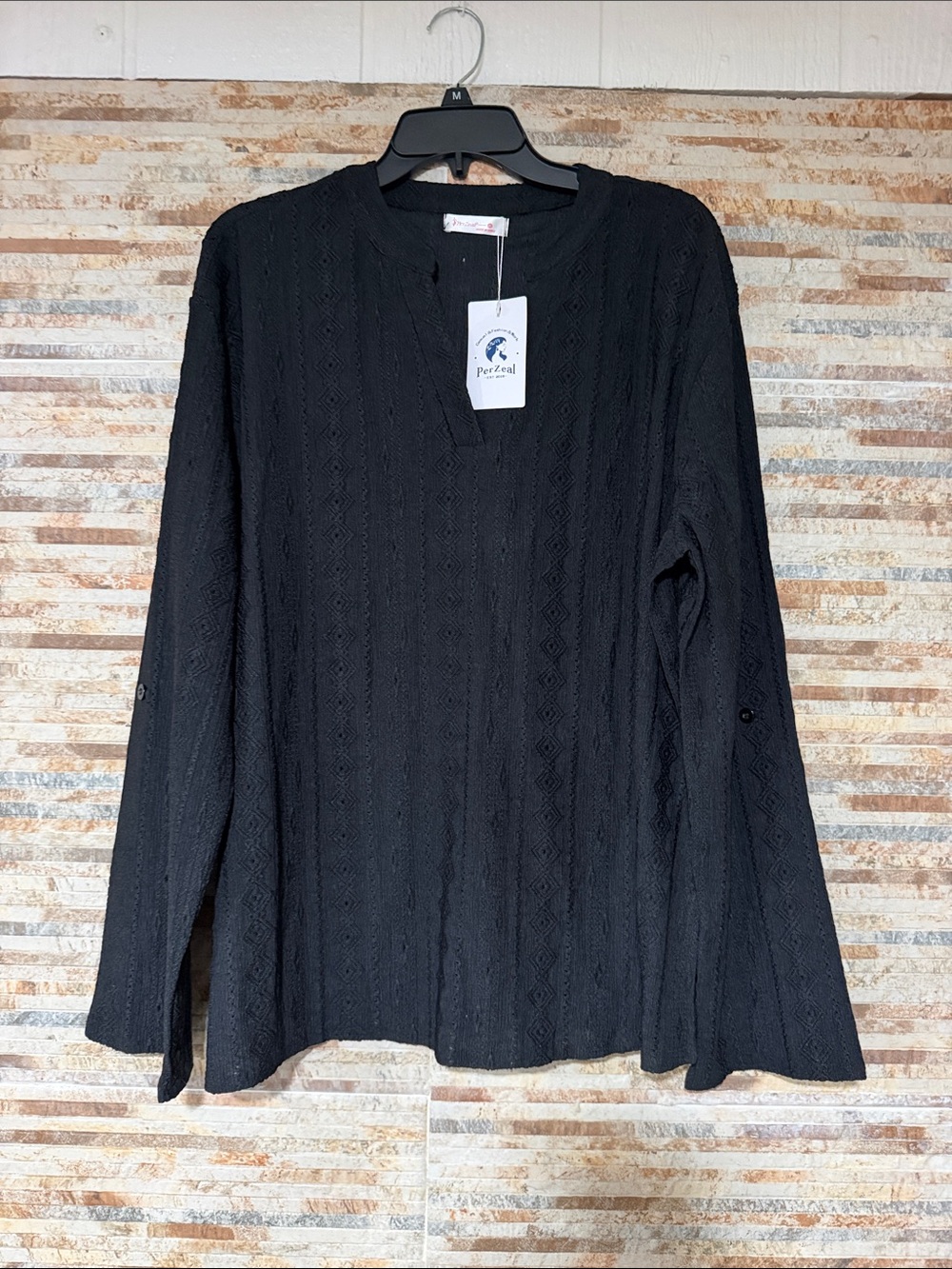 Women's Black Textured Long-Sleeve V-Notch Blouse